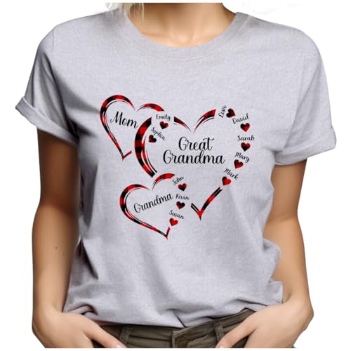 PT14 Personalized Great Grandma Heart Shirt, Mom & Grandkids Name Shirt for Christmas