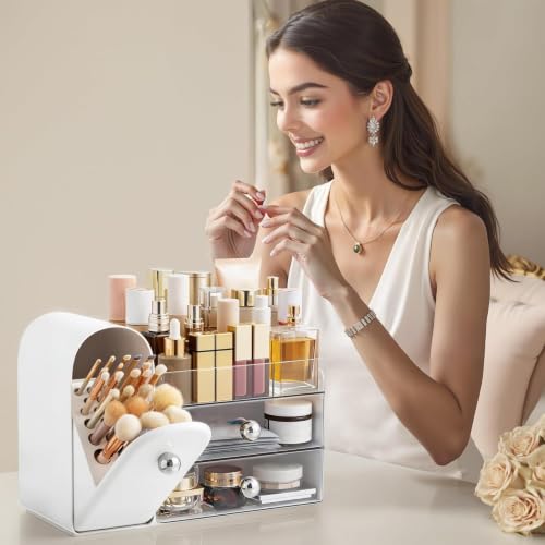 Image of HBlife Makeup Organizer Countertop with Drawers, Vanity Organizers with Brush Holder, Bathroom Counter Organizer for Perfume, Nail Polishes, Lipsticks, Skincare and Eyeshadow Palettes, White Sliver