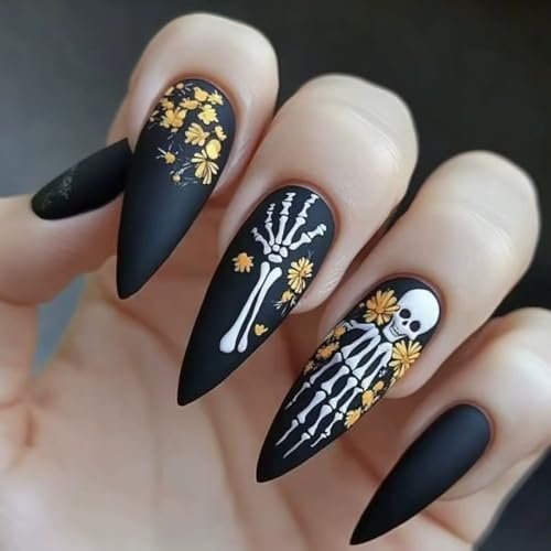 24PCS Halloween Black Press on Nails Medium Almond Fake Nails with Skeleton Designs Matte Halloween Black Nails Yellow Flower Pattern Acrylic Full Cover False Nail with Glue Stick on Nail for Women