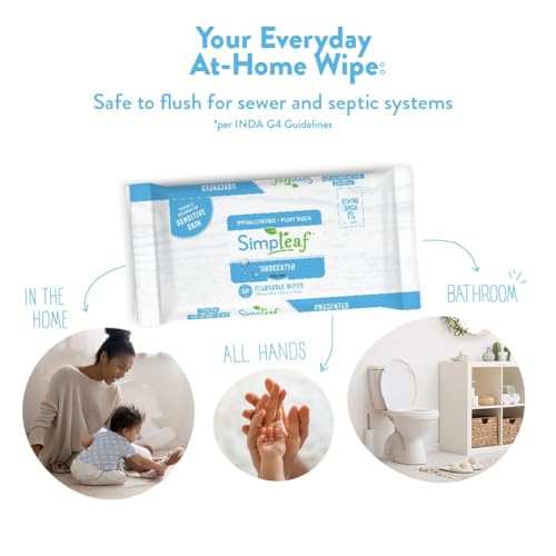 Image of Simpleaf Flushable Wet Wipes Unscented | Plastic Free, Paraben & Alcohol Free | Hypoallergenic & Safe for Sensitive Skin | Soothing Aloe Formula | Adult Toilet Wipes (6 x 50 Count Pack) 300 Count