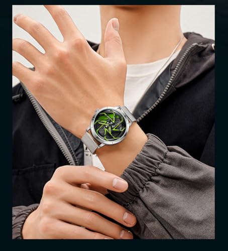 Image of FANMIS Men's Racing Car Wheel Watch 3D Spinning Dial Stainless Steel Watch | Creative 3D Spinning Car Quartz Large Skeleton Face and 30M Water Resistance Designed for Car Fans and Daily Wear.