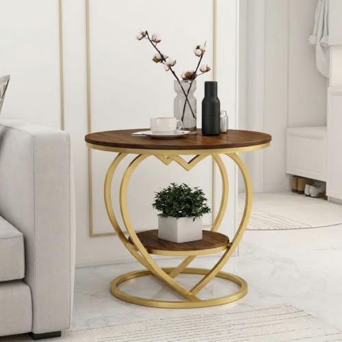 Image of Coffee Table for Living Room Modern Corner Sofa Side Bedside Tables Snack End Table for Bedroom,Brown Table Top with Gold Metal Frame