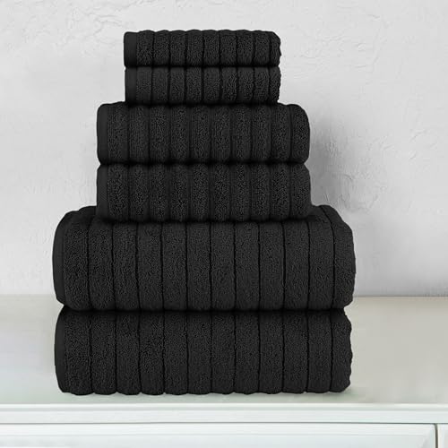 Image of Elegant Comfort 100% Turkish Cotton Corduroy Ribbed Luxury Bath Towels 6-Piece Set, Premium Quick Dry, Highly Absorbent, Contains 2 Bath, 2 Hand, and 2 Washcloths, Black (Pack of 4)