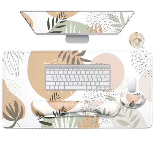 Image of 4-in-1 Large Mouse Pad, Keyboard Wrist Rest Pad & Wrist Support Mousepad Set, Extended Desk Pad Waterproof Desk Mat for Home Office Study Game - Leave