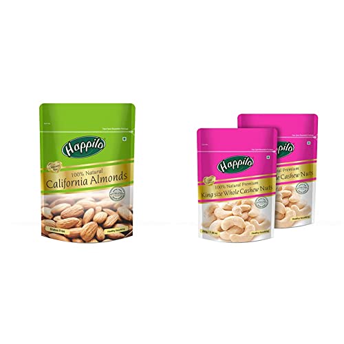 Image of Happilo 100% Natural Premium Californian Almonds, 200g + Happilo 100% Premium King Size Whole Cashewnuts, 200g (Pack of 2)