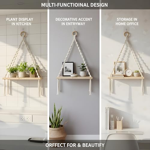 Image of 1-Tier Macrame Wall Hanging Shelf (Includes Mounting Hook) Boho Wooden Floating Shelves for Wall Decor - Handmade Cotton Rope Plant Hanger & Organizer for Living Room, Bedroom, Balcony