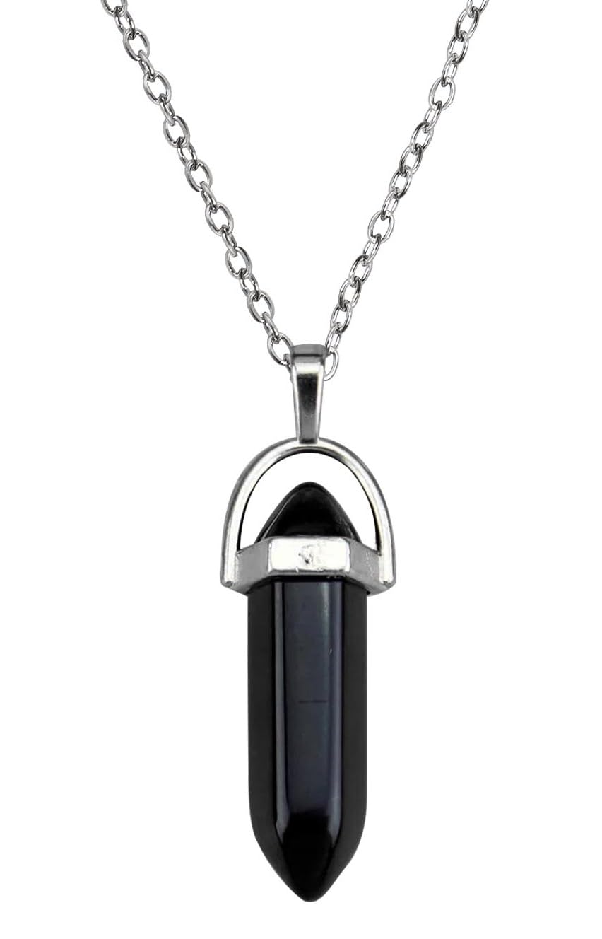 Black Glass Healing Crystal Hexagonal Point Prism Pencil Shape Locket Pendant Necklace With Clavicle Chain For Girl's & Women-image-4