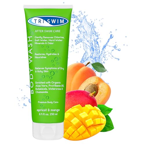TRISWIM Chlorine Removal After Swim Body Wash | Removes Chlorine Salt and Hard Water Minerals | Hydrates and Restores Swimmers Skin | With Aloe Vera and Botanicals | Apricot&Mango Scent 250 ml