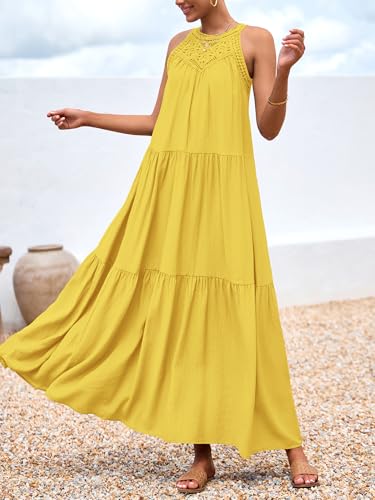 Image of BTFBM Halter Summer Dresses for Women 2026 Casual Spring Hollow Out Sleeveless Boho Sundresses Beach Vacation Maxi Dress