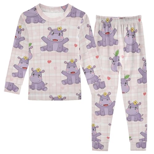 Pajama Sets Long Sleeve Cute Hippo Pattern Design Soft Comfy Sleepwear 2 Piece PJS 3-8T