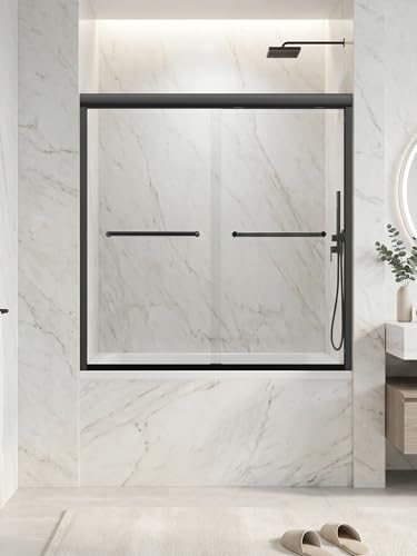 Bathtub Shower Door 56-60 W x 57 H Semi-Frameless Sliding Glass Shower Door for Bathtub 1/4 (6mm) SGCC Tempered Glass Tub Shower Door Reversible Installation Matte Black