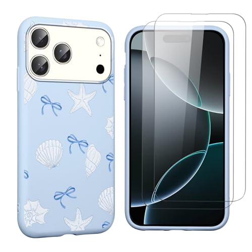 lioscre Summer Seashell Bow Phone Case for iPhone 17 Pro 6.3" Case with 2 Pack Tempered Screen Protector, Cute Blue Bowknot Design Shockproof TPU Soft Matte Protective Funda Cover for Women Girls