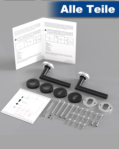 DIYGEEK Türgriffe Innentüren, Türklinke Schwarz Pulverbeschichtet für Drückergarnitur/Rosettengarnitur Zimmertür, Türgriff-Set Edelstahl mit Rosette Ø 52 mm PZ-Profilzylinder, L-Form