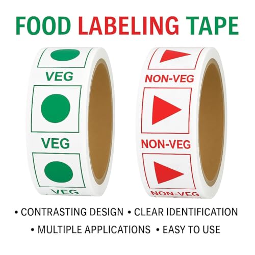 Image of Veg & Non-Veg Printed Tape Combo | Pack of 144 Rolls | 35 m x 24 mm (1 inch) | Self Adhesive BOPP Tapes with Green & Red Markings | Ideal for Food Packing & Box Sealing