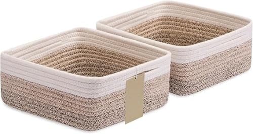 Mansa Traders Small Square Shallow Baskets for Organizing, 9.7x9.7x4.3 Inch Rope Woven Storage Bins for Cubes Closet, Shelves Storage, Boho Decorative Basket, 2 Packs (Kidi Beige White)-image-17