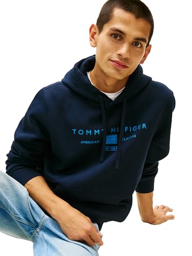 Image of Tommy Hilfiger Men's Medium Weight Cotton Hoodie Sweatshirt With Printed Stacked Chest Graphic