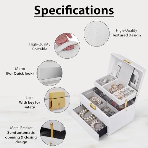 Image of BucketList Luxury PU Leather Jewellery Box with Mirror & Lock | Multi-Layer Organizer with Drawers, Ring Slots & Handle | Premium Storage Case (3 Layer Jewellery Box With Mirror (White))