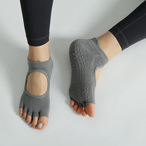Image of Yoga Pilates Toe Socks Toeless Socks with Grips for Women Non Slip Cushioned Low Cut Ankle Socks for Dance