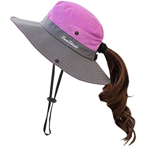 Fueerton Women's Summer Mesh Wide Brim Sun UV Protection Hat with Ponytail Hole (Purple) Cover
