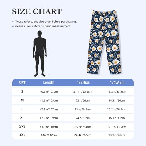 Mens Pajama Pants - White Daisy Floral Print Soft Sleep Lounge Pants For Men, Casual Pj Bottoms With Pockets3