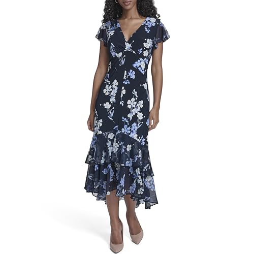 Image of Tommy Hilfiger Women's Flutter Sleeve V-Neck Ruffle Trim Hi-Lo Midi Dress