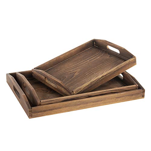 Hot Deals MyGift Dark Brown Wood Serving Trays - Nesting Breakfast, Ottoman, Decorative Coffee Table Tray with Handles, 3-Piece Set