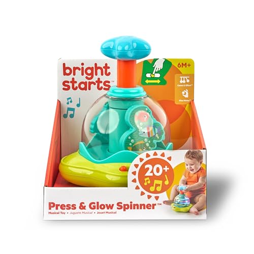 Bright Starts, 10042 Press & Glow Spinner, Musikspielzeug Kreisel mit blinkenden Lichtern und Melodien, fördert die Motorik und das Verstehen von Ursache und Wirkung, 19.05 x 17.78 x 21.59 cm