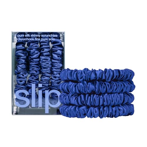 Image of Slip Silk Hair Ties - Skinny Silk Royal Blue Scrunchies, No Damage, No Crease, Anti-Breakage |100% Mulberry Silk | All Hair Types | Made with Proprietary Slipsilk | Set of 4