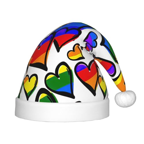SDEGTHO Sombrero de Papá Noel rojo con corazones del orgullo gay de colores del arco iris, cómodo, para niños, vacaciones, Navidad