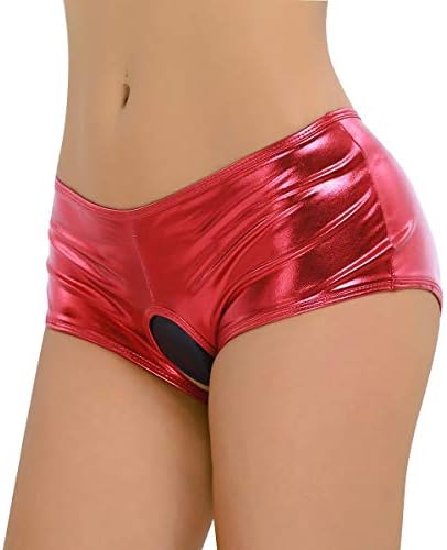 IGIG Women's Shiny Metallic Leather Open Crotch Hot Pants Mini Shorts