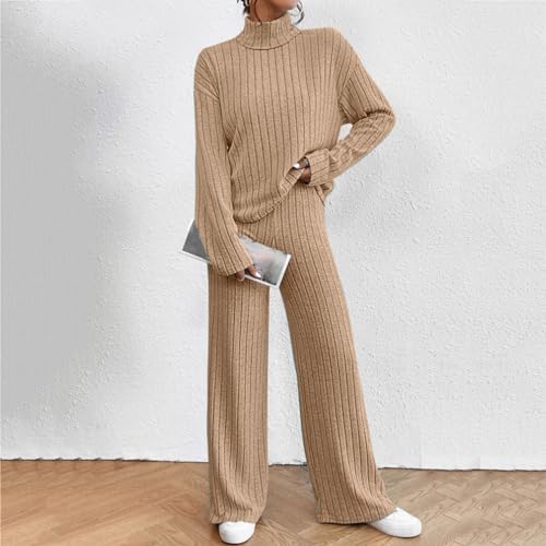 JiXiang Sweatsuits Women 2 Piece Outfit Ribbed Knit Lounge Set Long Sleeve Mock Neck Pullover Top Wide Leg Pants Matching Set - image 3