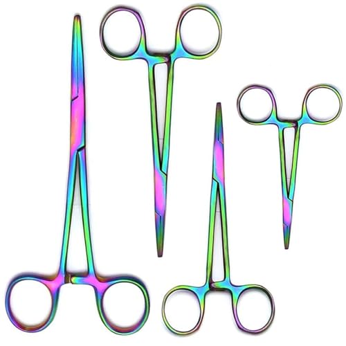 MuskalMed Durable 4-Piece Multi Rainbow Color Straight Hemostat Set - High Quality Stainless Steel, Autoclavable, Precision Tips, Serrated Jaws, Three Locking Positions (3.5”, 5”, 6.25”, 8