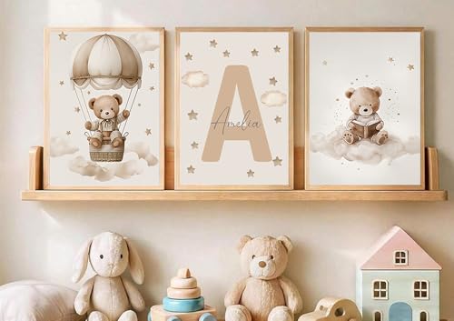 3 Affiche Ours Prenom 30X40CM Poster Ourson Bebe Tableau Decoration Murale Nounours Toile Chambre Enfant Garçon Affiche Personnalisée Enfant Beige Tableau...
