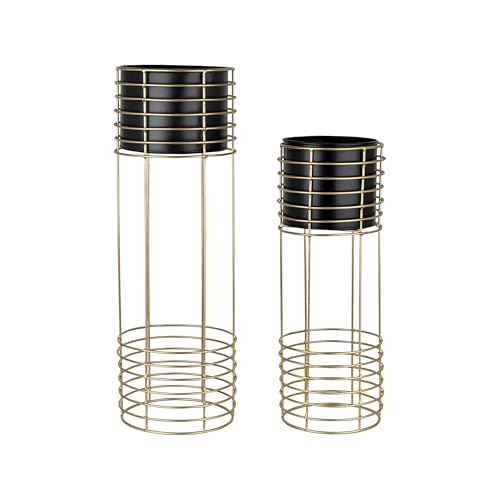 Image of Metal Floor Planter with Stands (Set of 2), Modern Tall Planter for Home Decor, Decorative Plantpot for Living Room Balcony Office, Big Plant Stand with Pots (Plants not Included) (Black Pot & Gold Stand)