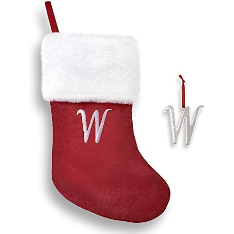 Regent Square 2024 Christmas Stocking & Ornament Set with Fine European Crystals, 18” Monogram Stocking and Silver Plated Monogram Ornament, Xmas Gift Set for Holiday- Letter W Cover