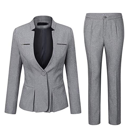 YUNCLOS Women's Elegant Business 2 Piece Office Lady Suit Set Work Blazer Pant Light Grey