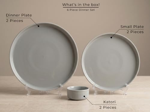 Image of Bodhi House 6-Piece Ribbed Porcelain Dinner Set for 2 with 2 Dinner Plates | 2 Quarter Plates & 2 Katori, Microwave & Dishwasher Safe, Chip Resistant Crockery Set for Home, Dining & Gifting, Pearl Grey