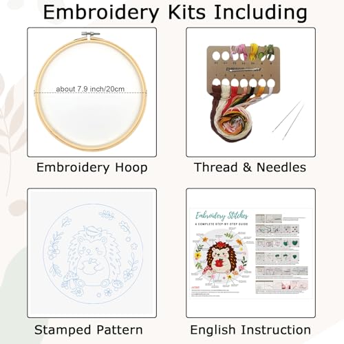 Image of Louise Maelys Hedgehog Embroidery Kit, Cross Stitch Kit for Beginner | Animal Embroidery Starter Kit With Stamped Fabric, Hoop, Threads, Needles And Instructions For Adults,Easy Needlepoint,Gifts