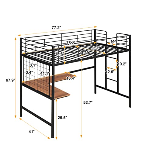 Merax Urban Industrial Metal Loft Bed Wit L-Desk And Metal Grid, Loft Bed With Ladder, Sapce Saving No Box Spring Needed Twin, Black #TOP1