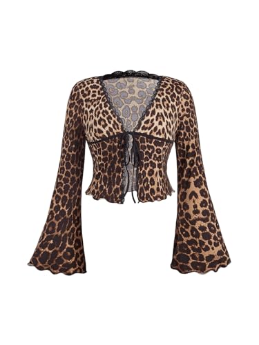 GORGLITTER Women's Plus Size Leopard Tie Front Crop Tops Lace Bell Long Sleeve V Neck Blouse Shirt