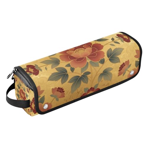 Bolso organizador de viaje para herramientas de cabello para mujer con estera resistente al calor desmontable, accesorios para peinar desmontables para planchas, alisadores y rizadores, color oro con peonía roja barroca portátil