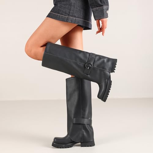 Women's Knee High Riding Boots Square Toe Chunky Low Heel Motorcycle Boots Slouchy Fold Over Moto Biker Boots for Women4