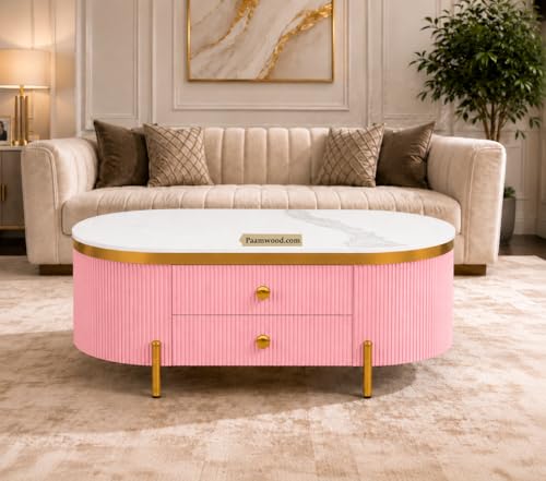 Image of Tesla Centre Table, 42x24x18 Inch, Nano Composite White Marble Top, Gold Accents, 2-Drawer Storage, Oval Design, Waterproof Plywood, PVD Legs, Modern Coffee Table for Living /Entryway