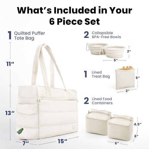 Image of Puffer Dog Travel Bag for Dog Moms, Diaper Bag with Travel Bowls | 2 BPA-Free Collapsible Bowls, 2 Pet Food Containers, 9 Pockets, Everyday Puffer Bag Works With or Without Your Dog, Beige