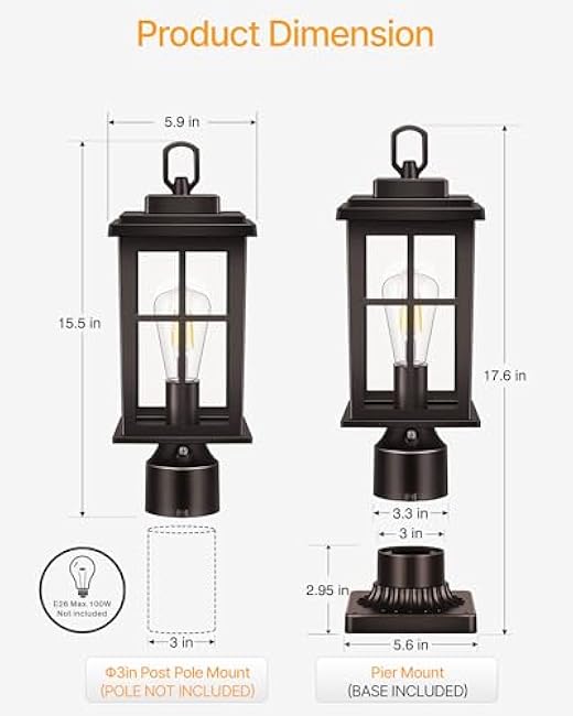 Dusk to Dawn Outdoor Post Lights, Bronze Outdoor Lamp Post with Pier Mount Base, Waterproof Lamp Posts Outdoor Lighting with Tempered Glass for Garden, Porch Patio(Hardwired 120V, Not Solar)