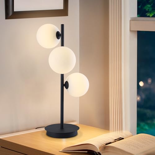 Image of Modern 3-Light Black Table Lamp with Milk Glass Globes, G9 | Matte black metal body, 3 milk glass globes, G9 sockets, modern accent lighting for nightstand, bedroom, study, living room
