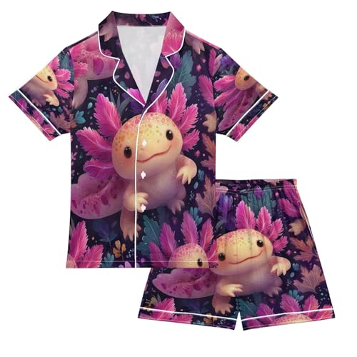 Satin Pajama Sets Short Sleeve Cute Axolotls Colorful Leaves Button Down Silky Nightwear 2 Piece PJS 5-14Y