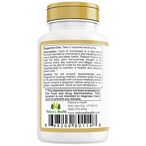Nature'S Health 23001C Calm And Composed – Valerian Root And Passion Flower Formula – Daily Stress Relief – Relaxation Supplement – 1000 Mg Per Serving – 60 Vegetarian Capsules thumb #1