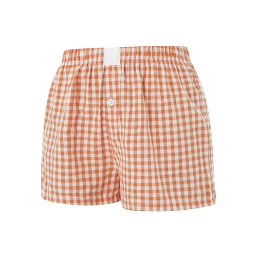 Image of Women Pajamas Shorts Micro Boxer Shorts Y2K Cute Gingham Sleep Lounge Shorts Checkered Plaid Button Pj Mini Shorts