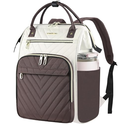 Image of VANKEAN 15.6 Inch Laptop Backpack for Women Fashion Computer Work Bag, Large Capacity Waterproof Backpack, College Daypack Business Travel, (Beige-Coffee, 15.6 Inch)